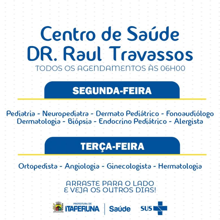Calendário de marcação  de consultas médicas  para os nossos especialistas do Centro de Saúde Dr. Raul Travassos