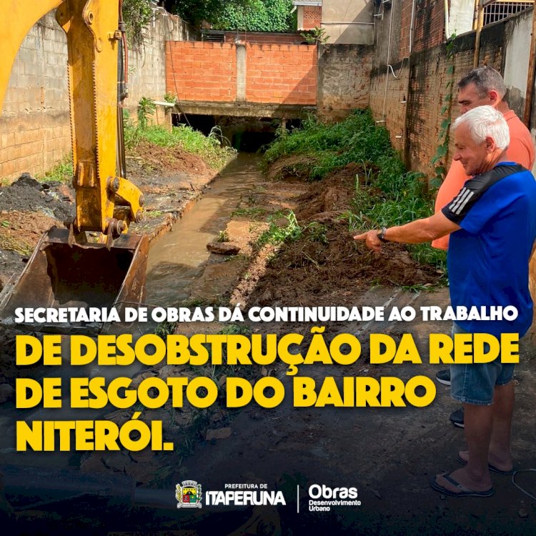 Secretaria de Obras dá continuidade ao trabalho de desobstrução da rede de esgoto do bairro Niterói.