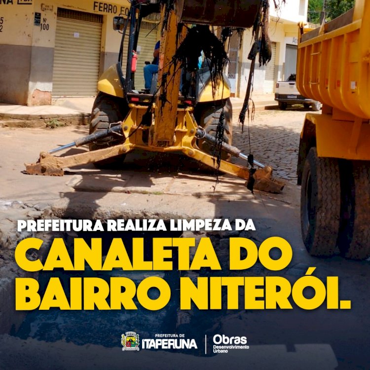 Prefeitura realiza limpeza da canaleta do bairro Niterói.