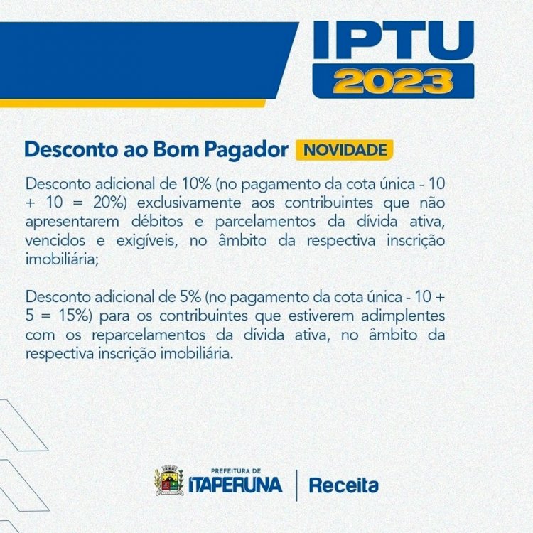 Tá sabendo que os contribuintes classificados como Bom Pagadores têm desconto extra no pagamento do IPTU em cota única⁉️