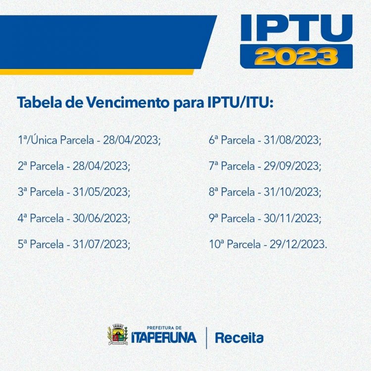 Itaperuna PRORROGA prazo de pagamento da cota única e 1ª parcela do IPTU 2023.