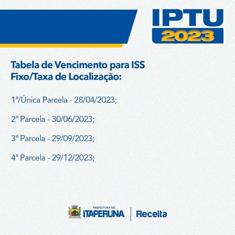 Itaperuna PRORROGA prazo de pagamento da cota única e 1ª parcela do IPTU 2023.