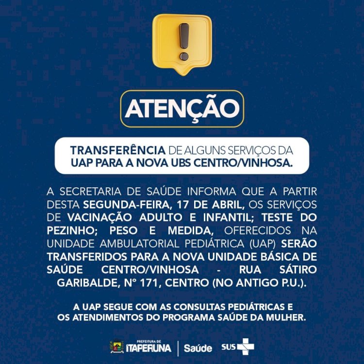 Atenção! Transferência de alguns serviços da UAP para a nova UBS Centro/Vinhosa.
