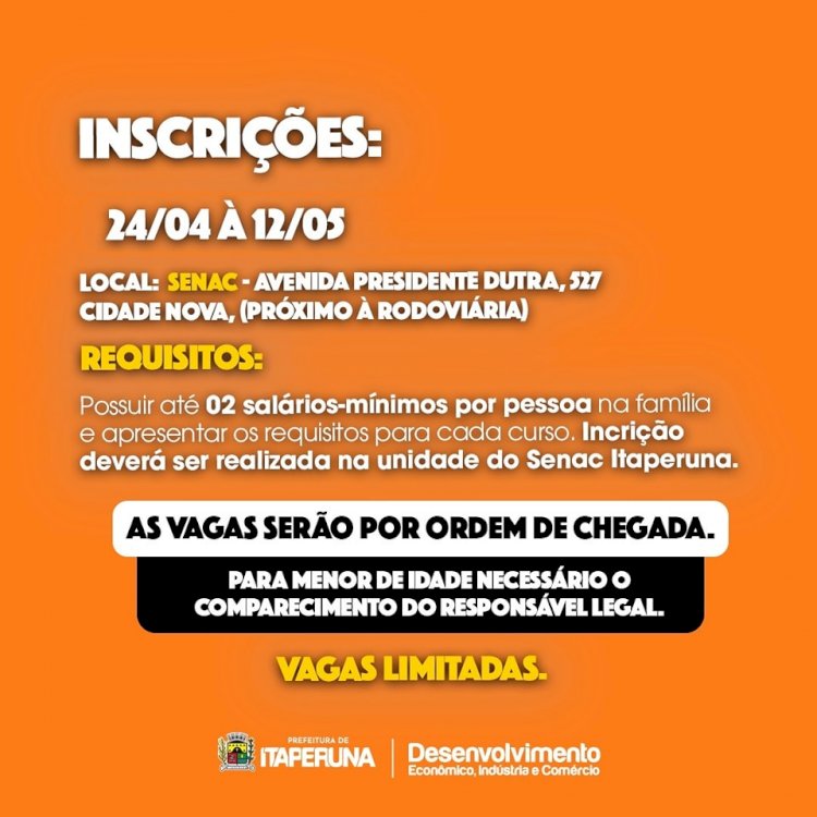 Inscrições Prorrogadas para cursos profissionalizantes oferecidos pela Secretaria de Indústria e Comércio em parceria com Senac.