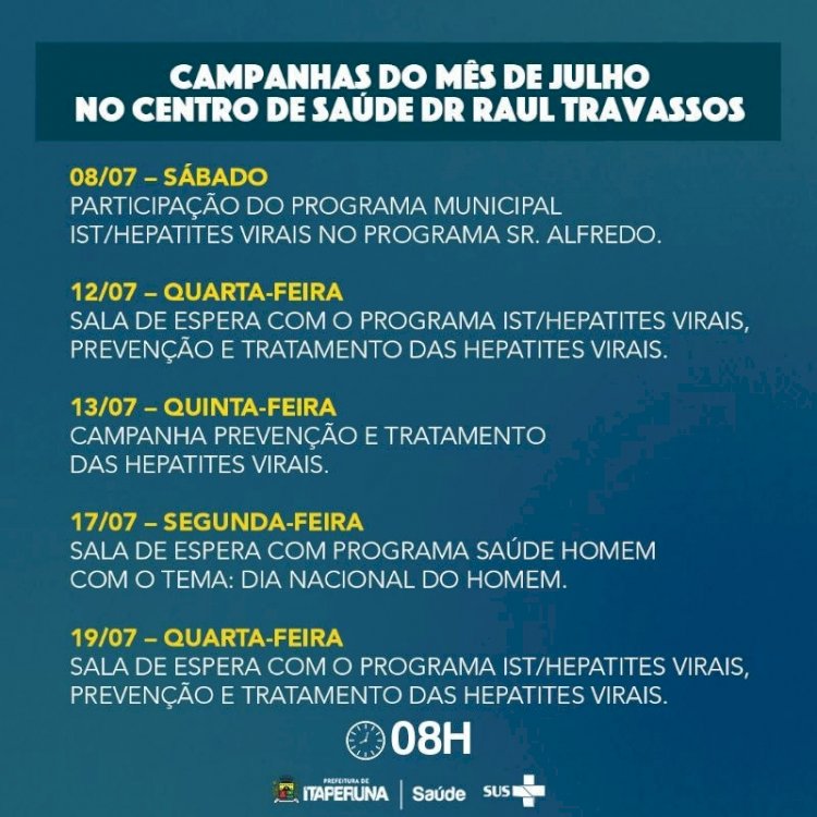 Programação de julho da Secretaria de Saúde.