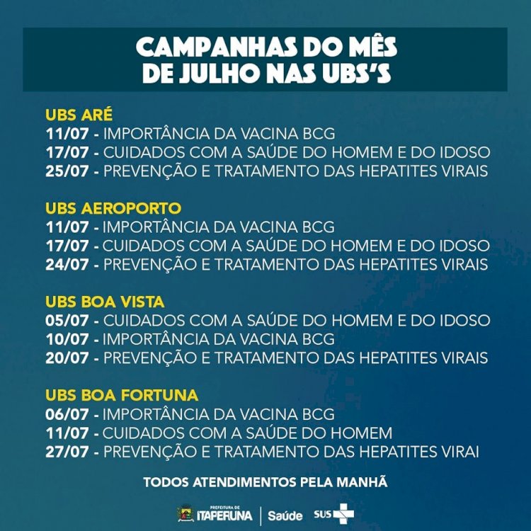 Programação de julho da Secretaria de Saúde.