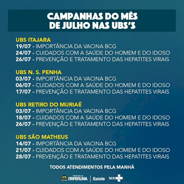 Programação de julho da Secretaria de Saúde.