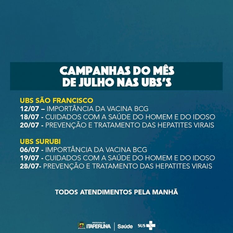 Programação de julho da Secretaria de Saúde.