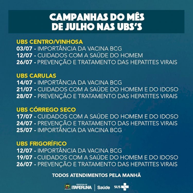 Programação de julho da Secretaria de Saúde.