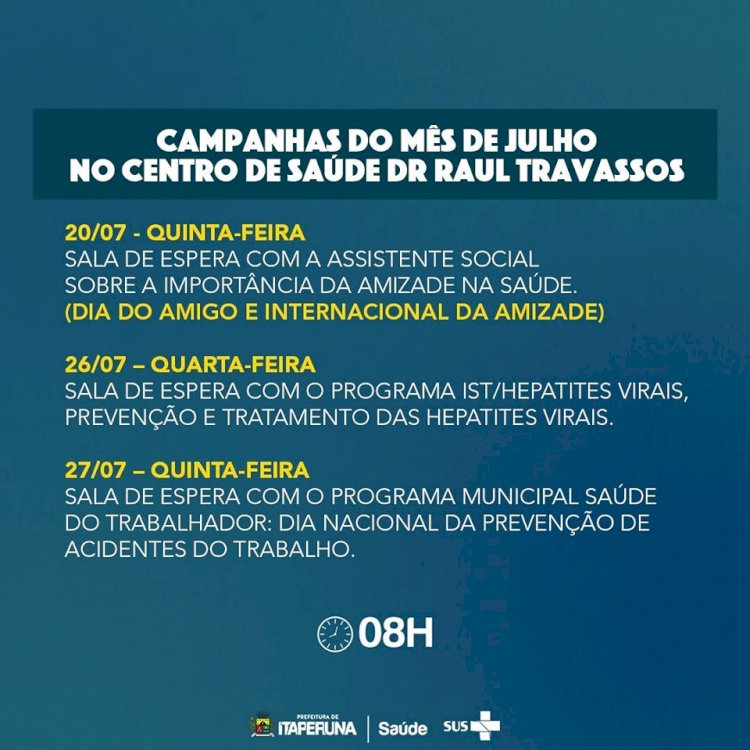 Programação de julho da Secretaria de Saúde.