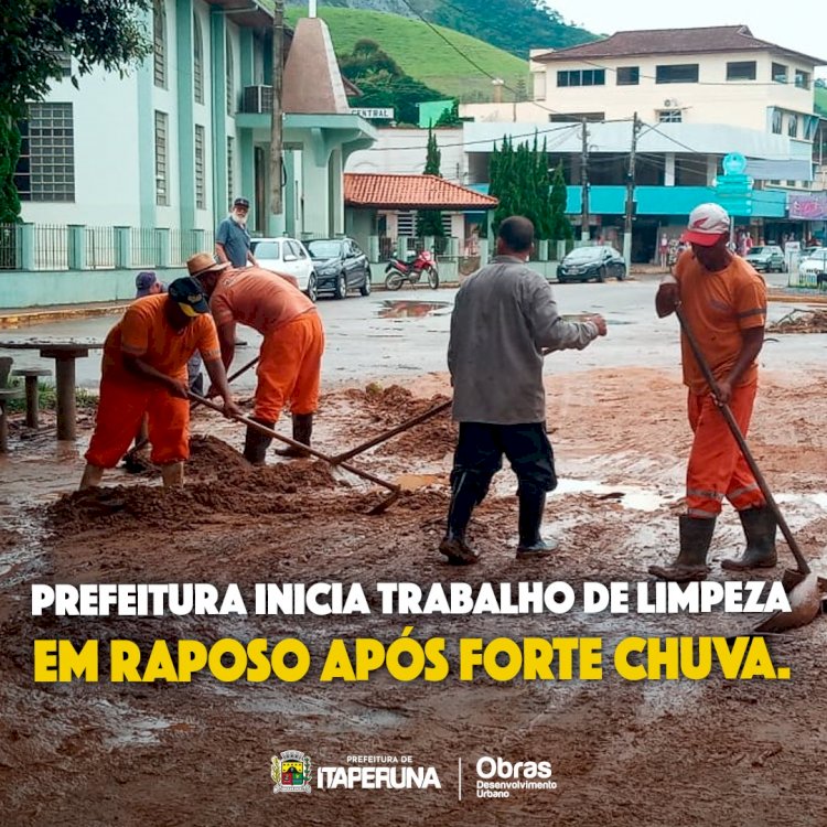 Prefeitura inicia trabalho de limpeza em Raposo após forte chuva.